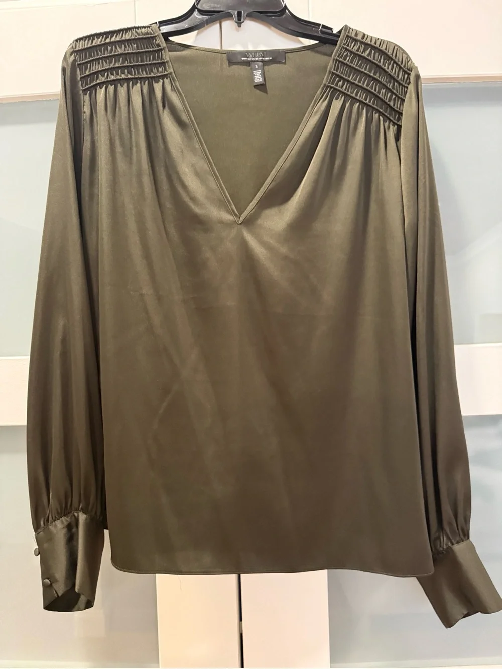 White House Black Market Olive Green V-Neck Smocked Shoulder Blouse Satin sz LG - Picture 1 of 5
